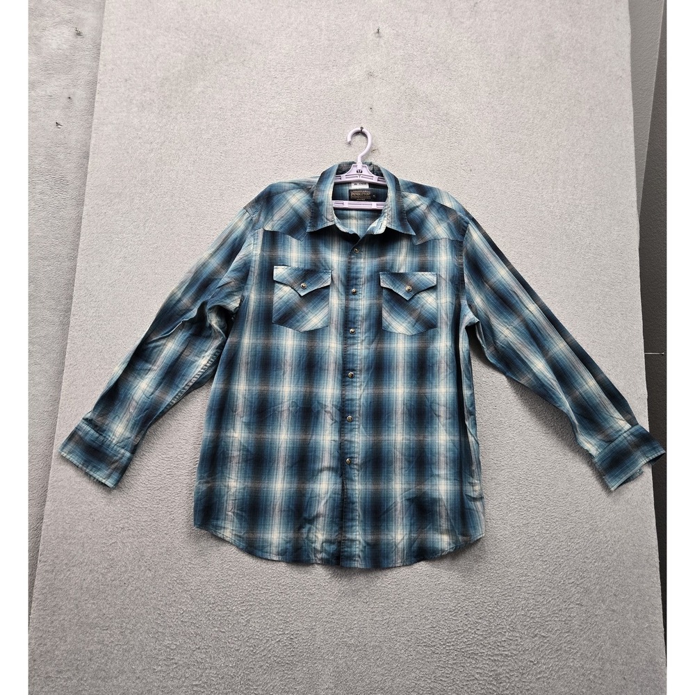 Pendleton Men Button Up Shirt XL Blue Plaid Frontier Western Pearl Snap Pockets